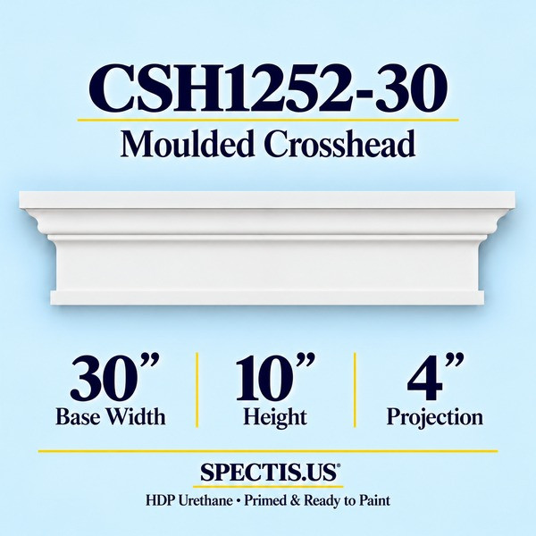 CSH1252-30 Moulded Window & Door Crosshead in primed HDP urethane, 30 inch base width × 10 inch height × 4 inch projection