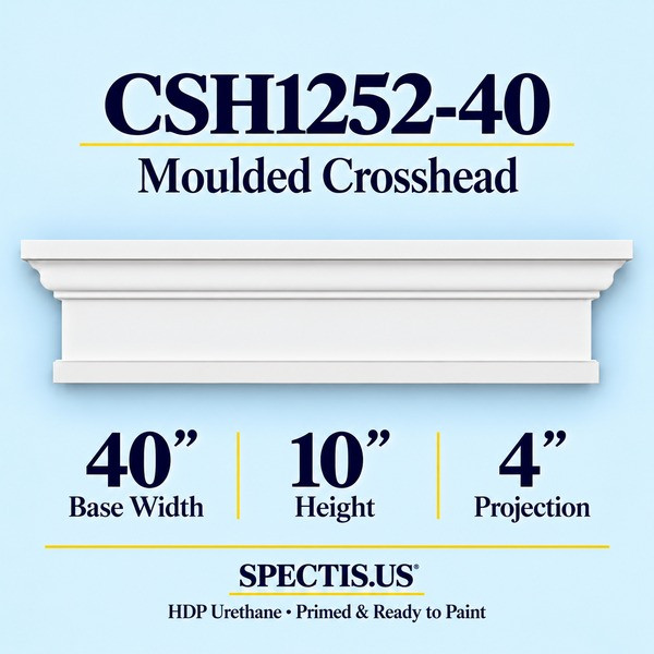 CSH1252-40 Moulded Window & Door Crosshead in primed HDP urethane, 40 inch base width × 10 inch height × 4 inch projection