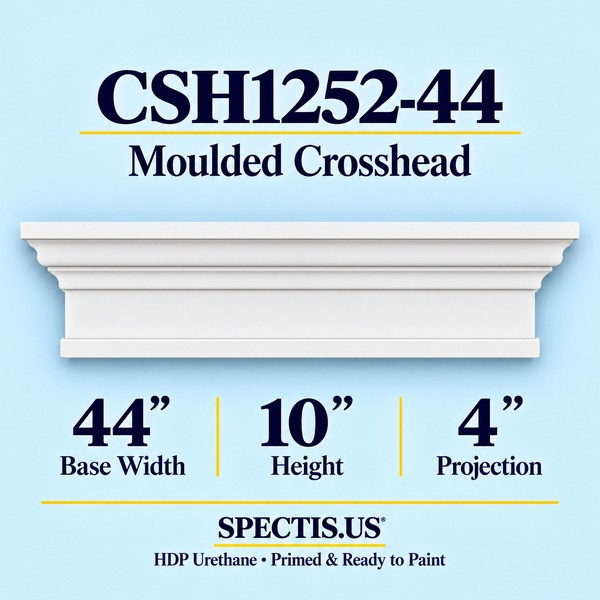 CSH1252-44 Moulded Window & Door Crosshead in primed HDP urethane, 44 inch base width × 10 inch height × 4 inch projection