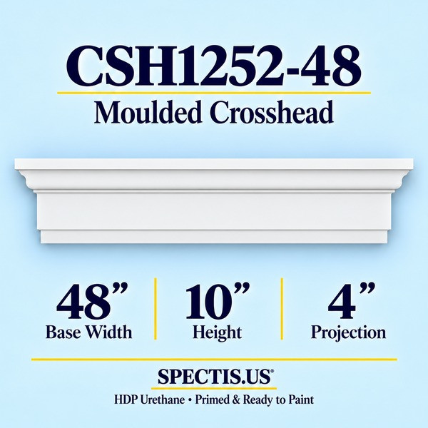 CSH1252-48 Moulded Window & Door Crosshead in primed HDP urethane, 48 inch base width × 10 inch height × 4 inch projection