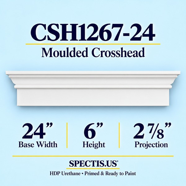 CSH1267-24 Moulded Window & Door Crosshead in primed HDP urethane, 24 inch base width × 6 inch height × 2 7/8 inch projection