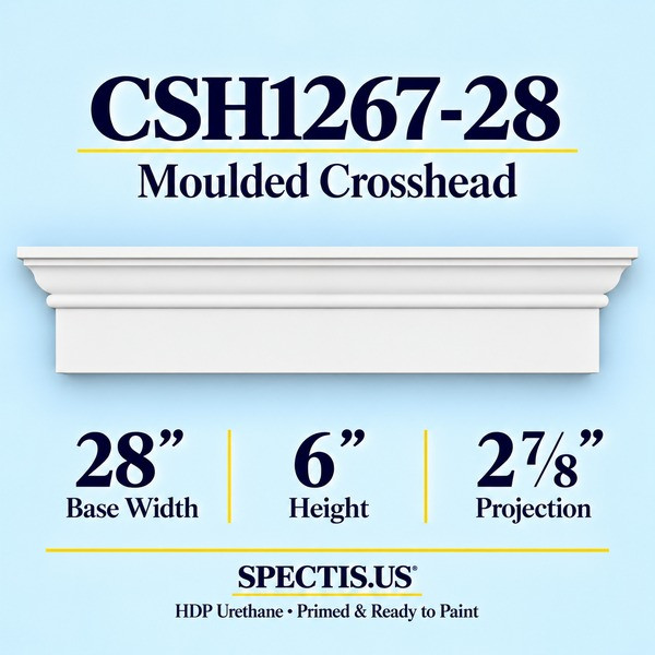 CSH1267-28 Moulded Window & Door Crosshead in primed HDP urethane, 28 inch base width × 6 inch height × 2 7/8 inch projection