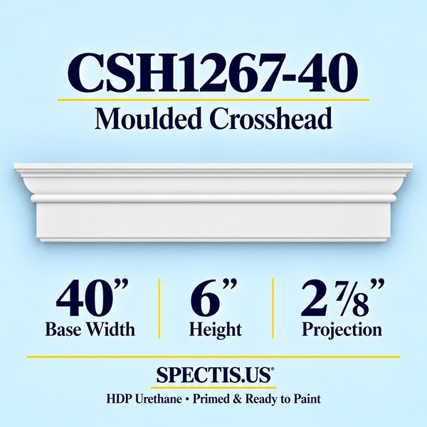 CSH1267-40 Moulded Window & Door Crosshead in primed HDP urethane, 40 inch base width × 6 inch height × 2 7/8 inch projection