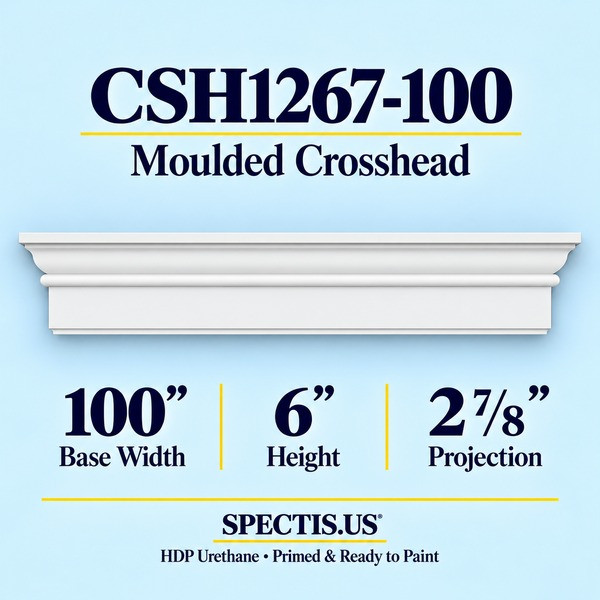 CSH1267-100 Moulded Window & Door Crosshead in primed HDP urethane, 100 inch base width × 6 inch height × 2 7/8 inch projection