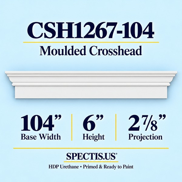CSH1267-104 Moulded Window & Door Crosshead in primed HDP urethane, 104 inch base width × 6 inch height × 2 7/8 inch projection