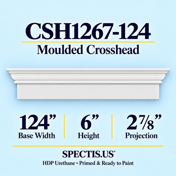 CSH1267-124 Moulded Window & Door Crosshead in primed HDP urethane, 124 inch base width × 6 inch height × 2 7/8 inch projection