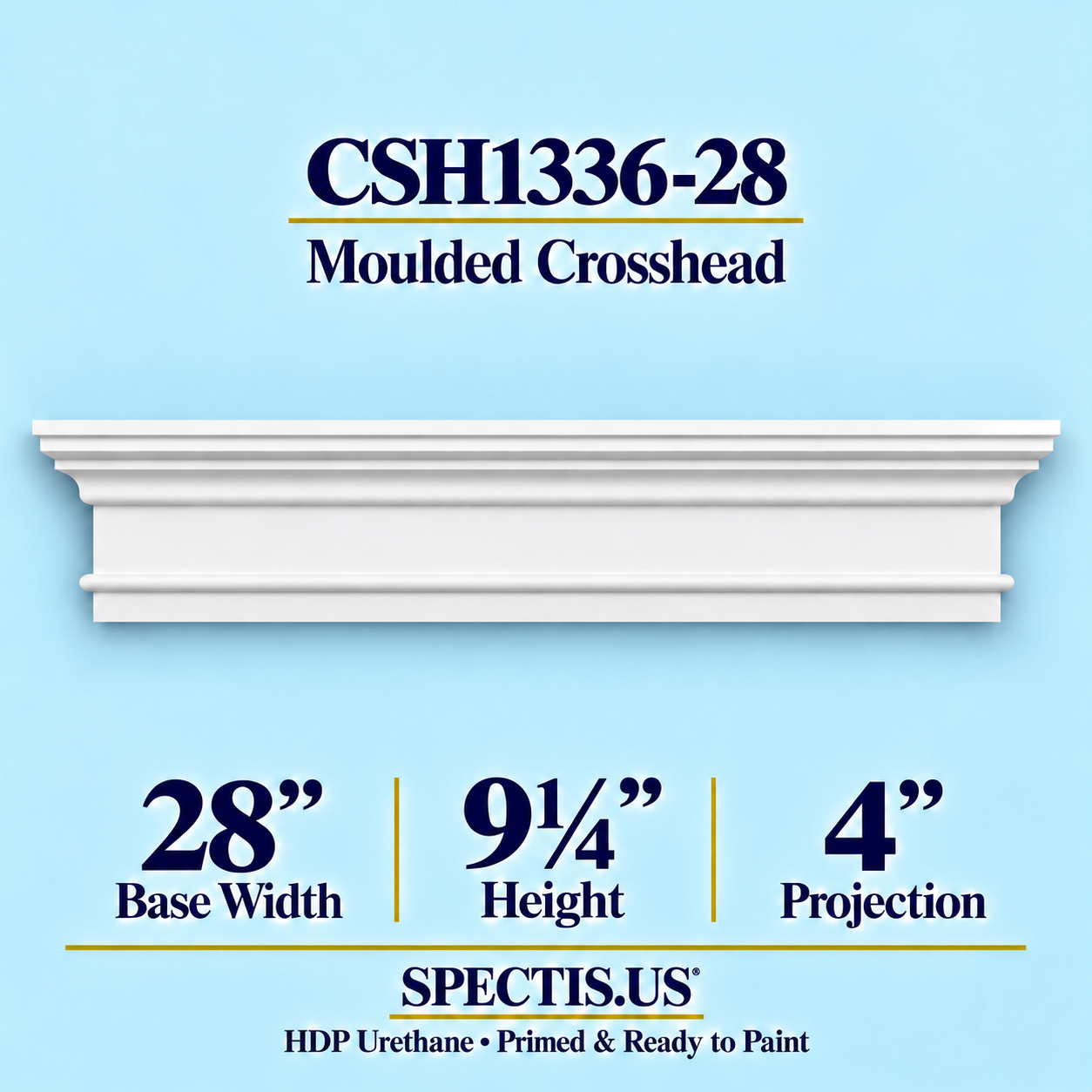 CSH1336-28 Moulded Window & Door Crosshead in primed HDP urethane, 28 inch base width × 9¼ inch height × 4 inch projection