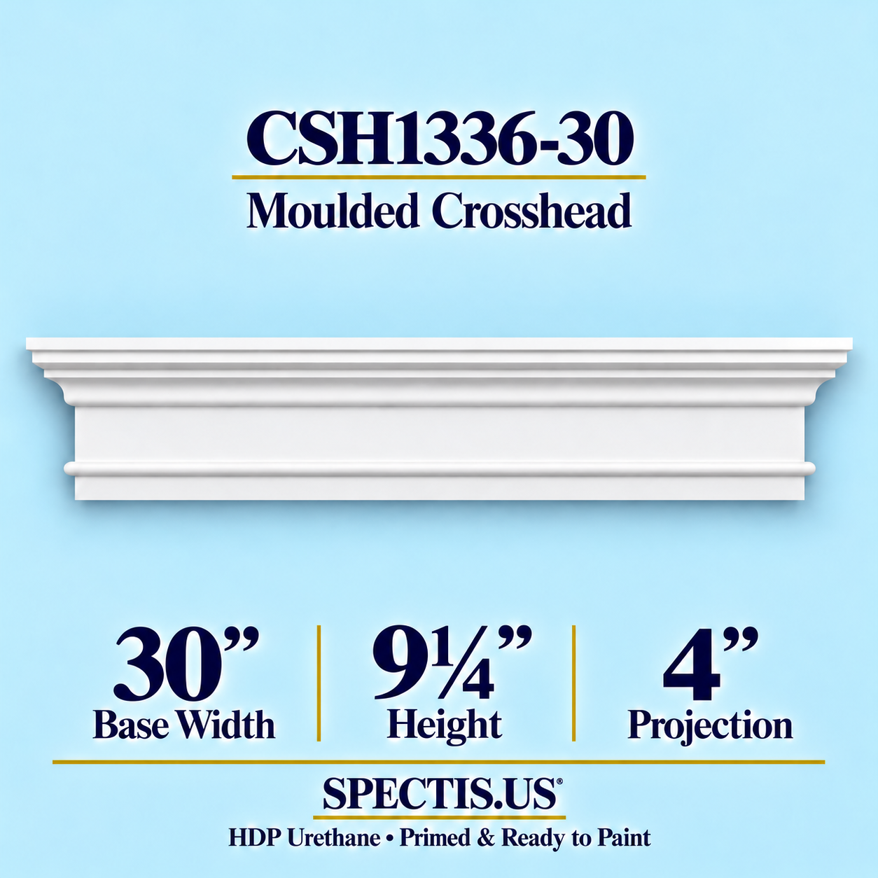 CSH1336-30 Moulded Window & Door Crosshead in primed HDP urethane, 30 inch base width × 9¼ inch height × 4 inch projection