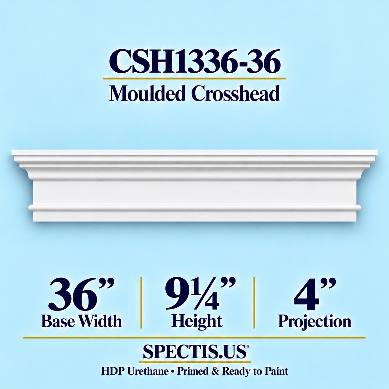 CSH1336-36 Moulded Window & Door Crosshead in primed HDP urethane, 36 inch base width × 9¼ inch height × 4 inch projection