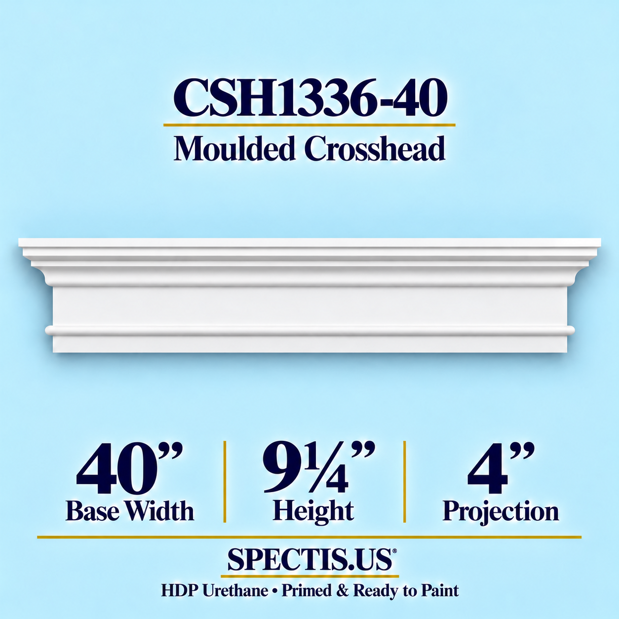 CSH1336-40 Moulded Window & Door Crosshead in primed HDP urethane, 40 inch base width × 9¼ inch height × 4 inch projection