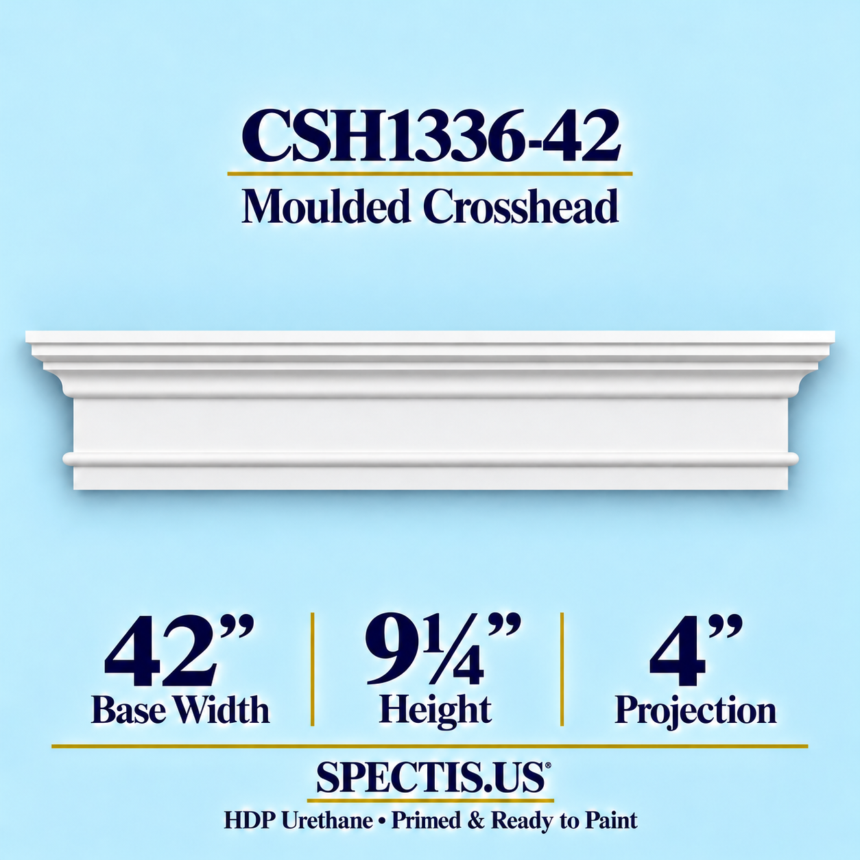 CSH1336-42 Moulded Window & Door Crosshead in primed HDP urethane, 42 inch base width × 9¼ inch height × 4 inch projection