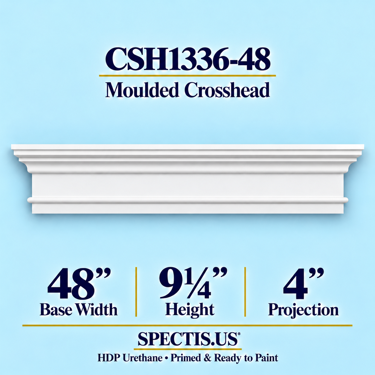 CSH1336-48 Moulded Window & Door Crosshead in primed HDP urethane, 48 inch base width × 9¼ inch height × 4 inch projection