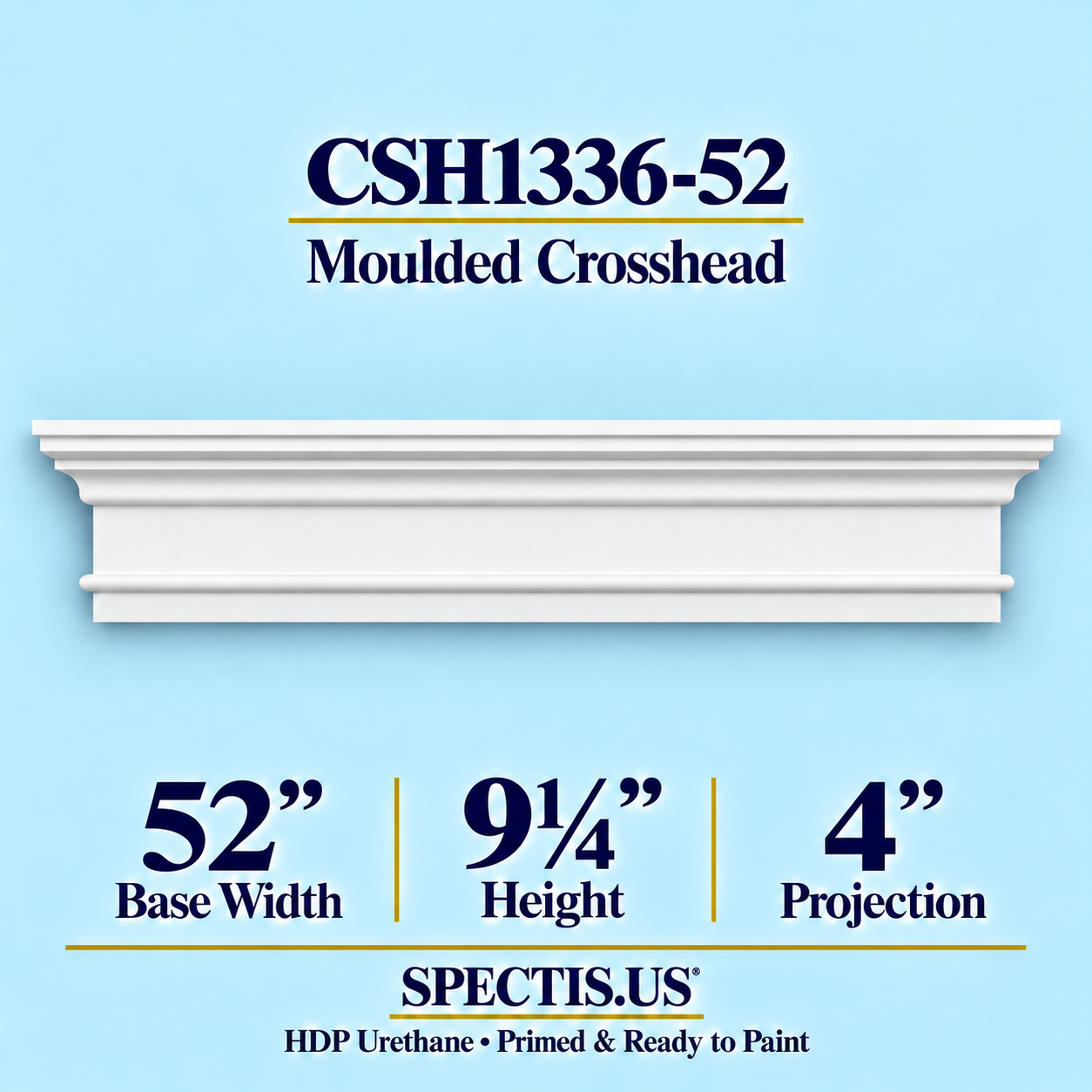 CSH1336-52 Moulded Window & Door Crosshead in primed HDP urethane, 52 inch base width × 9¼ inch height × 4 inch projection