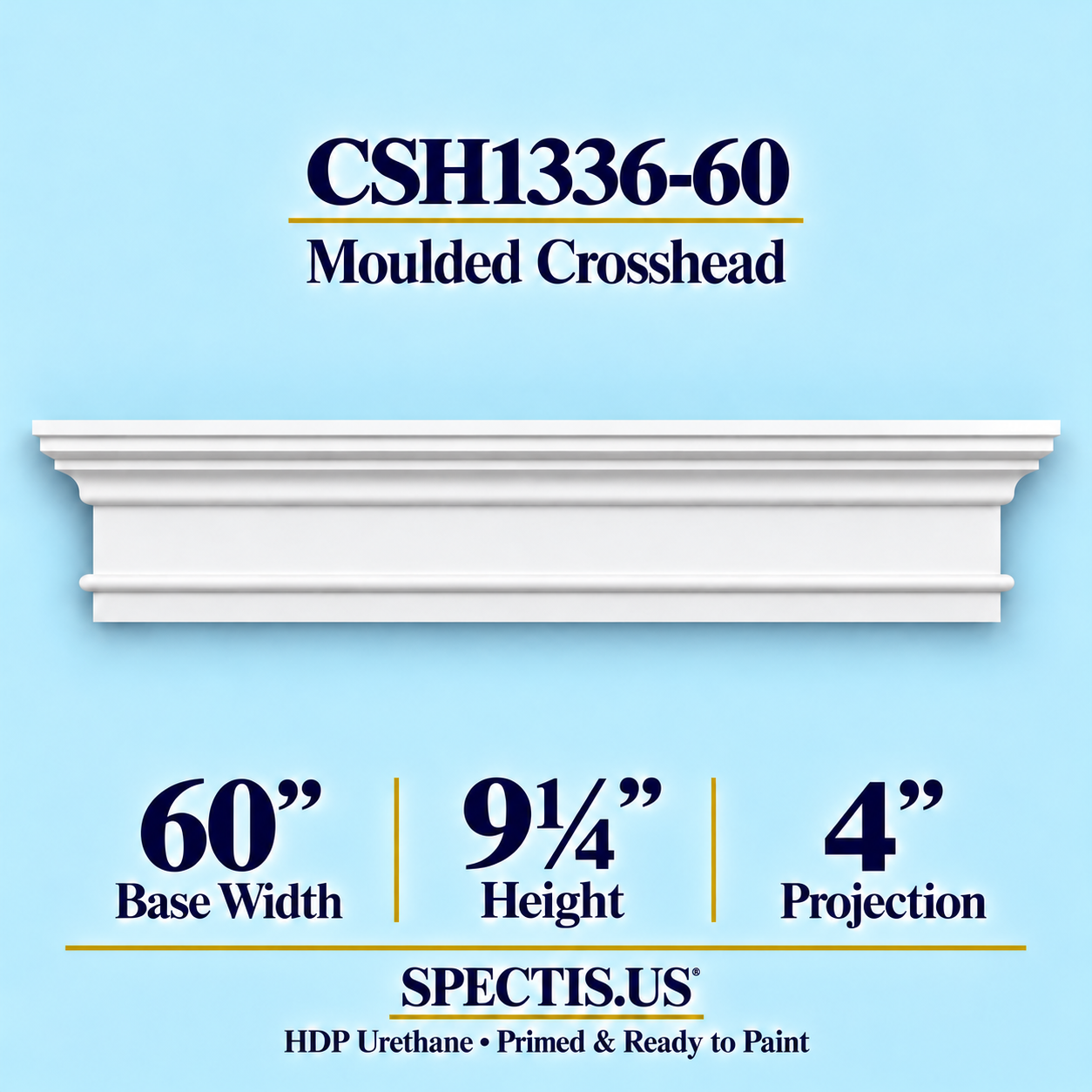 CSH1336-60 Moulded Window & Door Crosshead in primed HDP urethane, 60 inch base width × 9¼ inch height × 4 inch projection