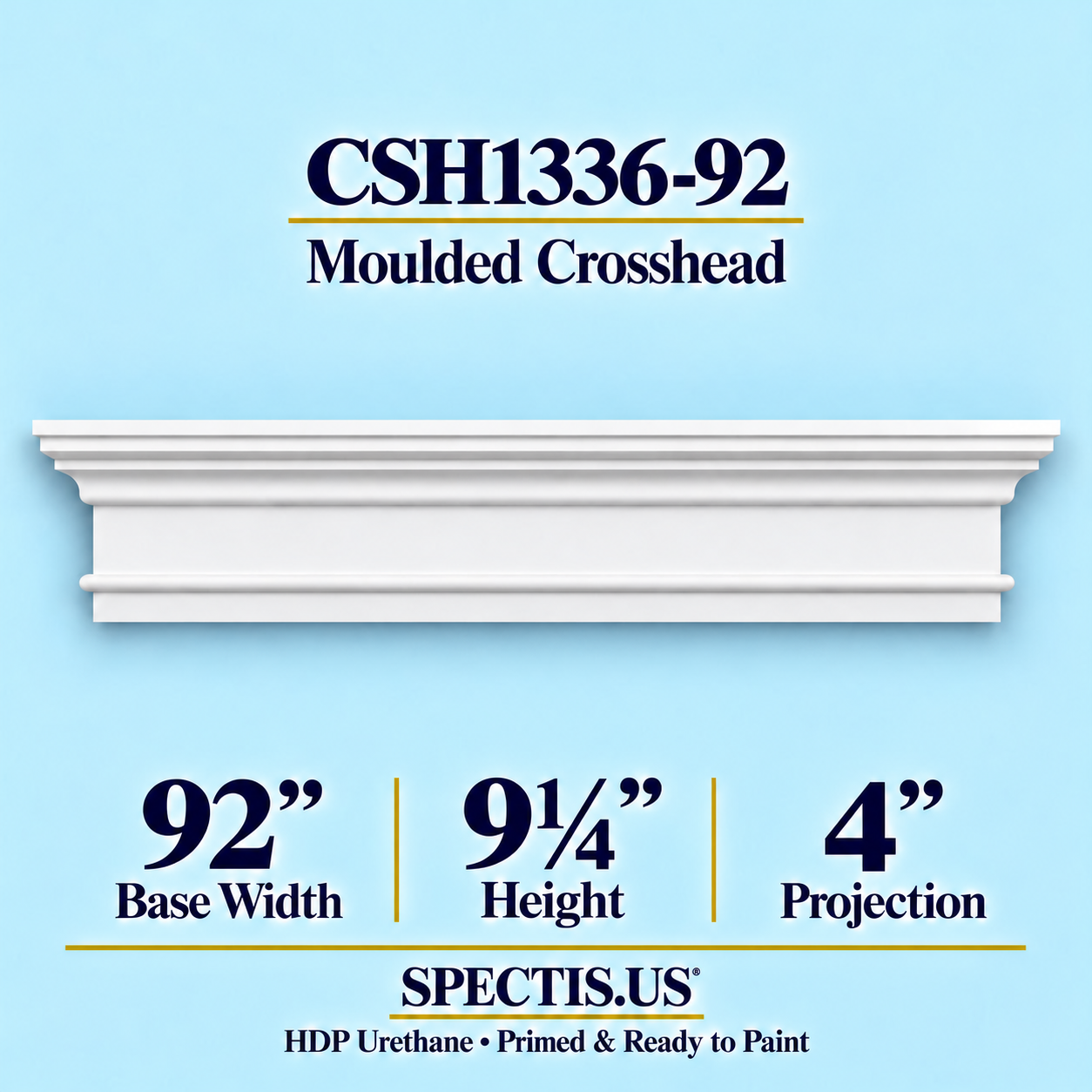 CSH1336-92 Moulded Window & Door Crosshead in primed HDP urethane, 92 inch base width × 9¼ inch height × 4 inch projection