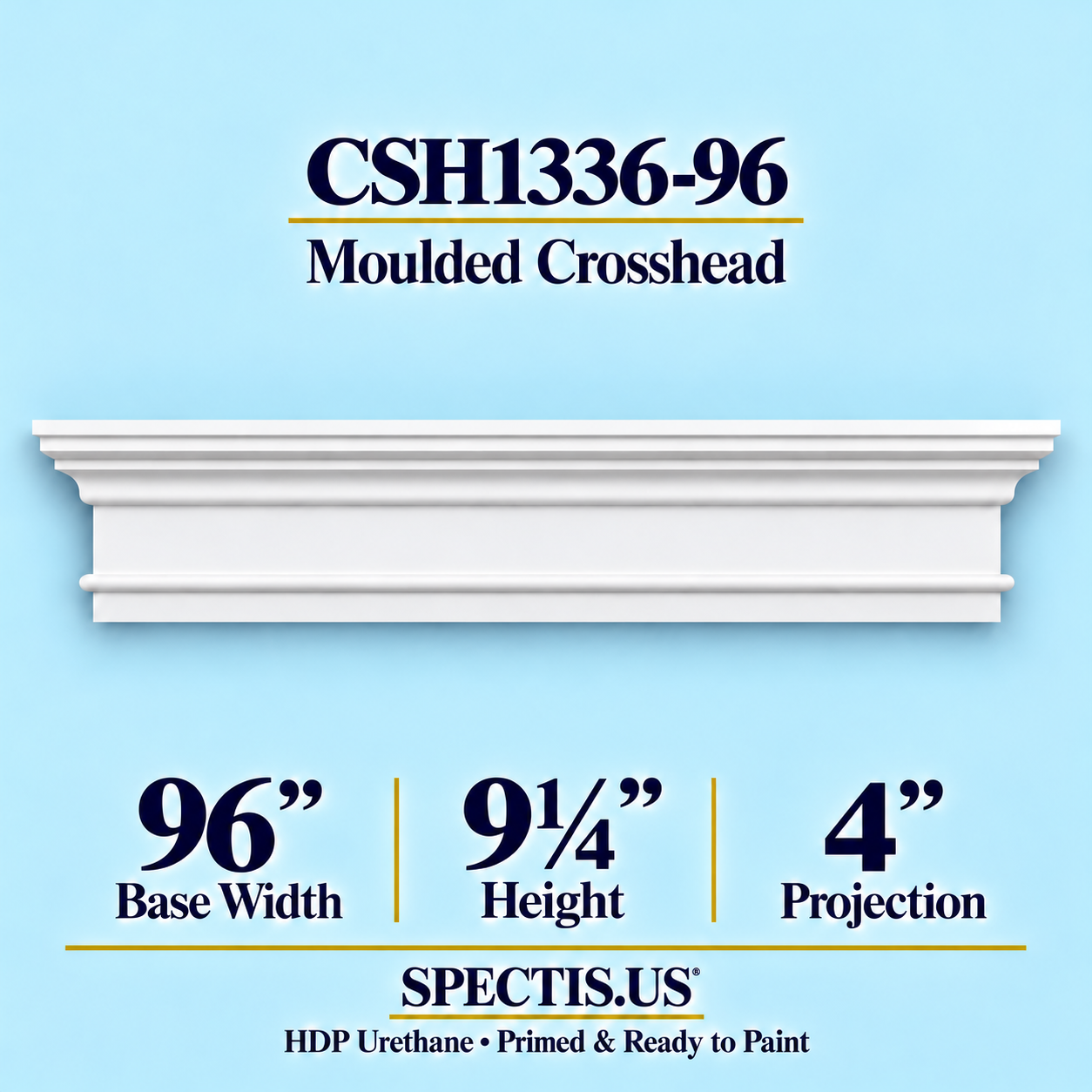 CSH1336-96 Moulded Window & Door Crosshead in primed HDP urethane, 96 inch base width × 9¼ inch height × 4 inch projection
