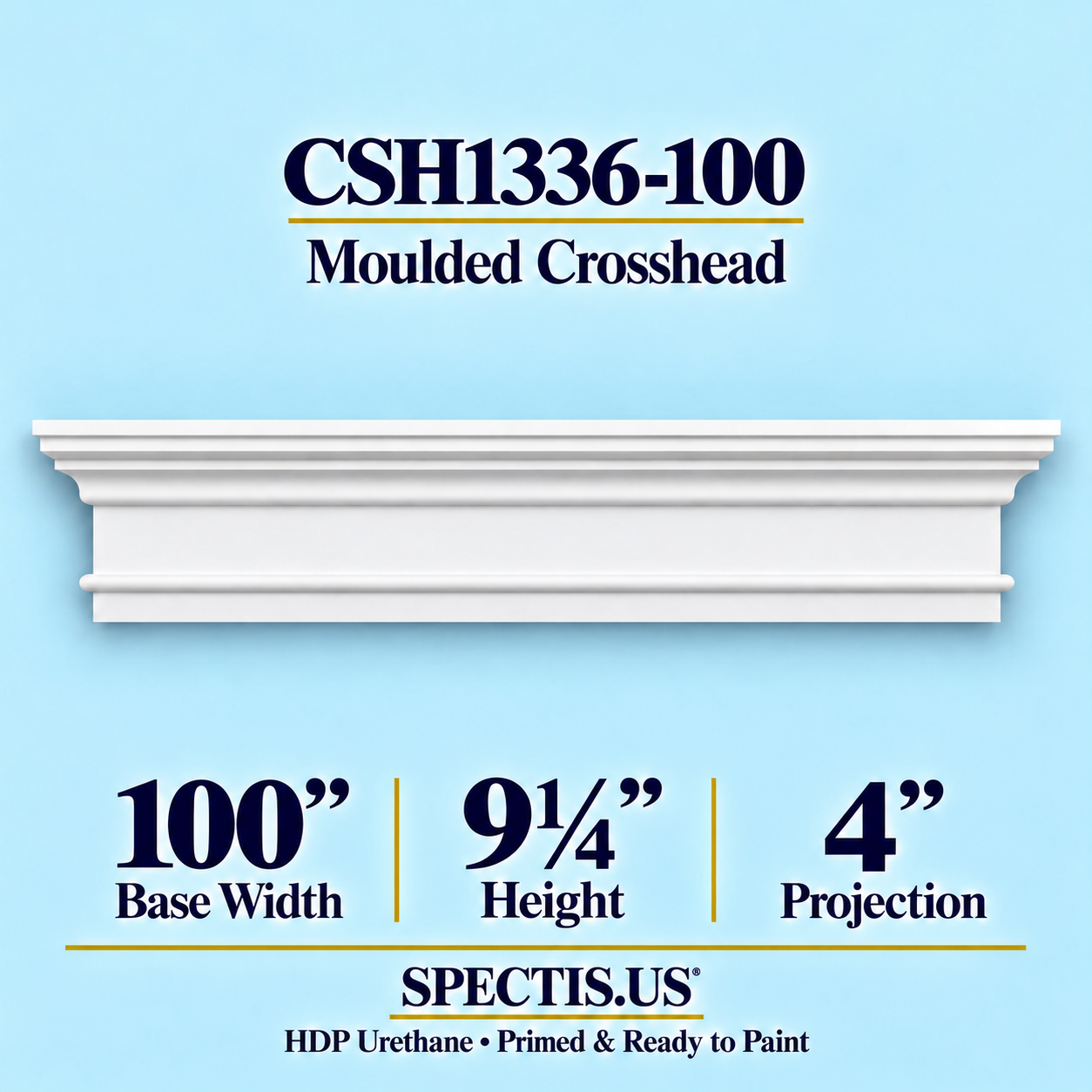 CSH1336-100 Moulded Window & Door Crosshead in primed HDP urethane, 100 inch base width × 9¼ inch height × 4 inch projection