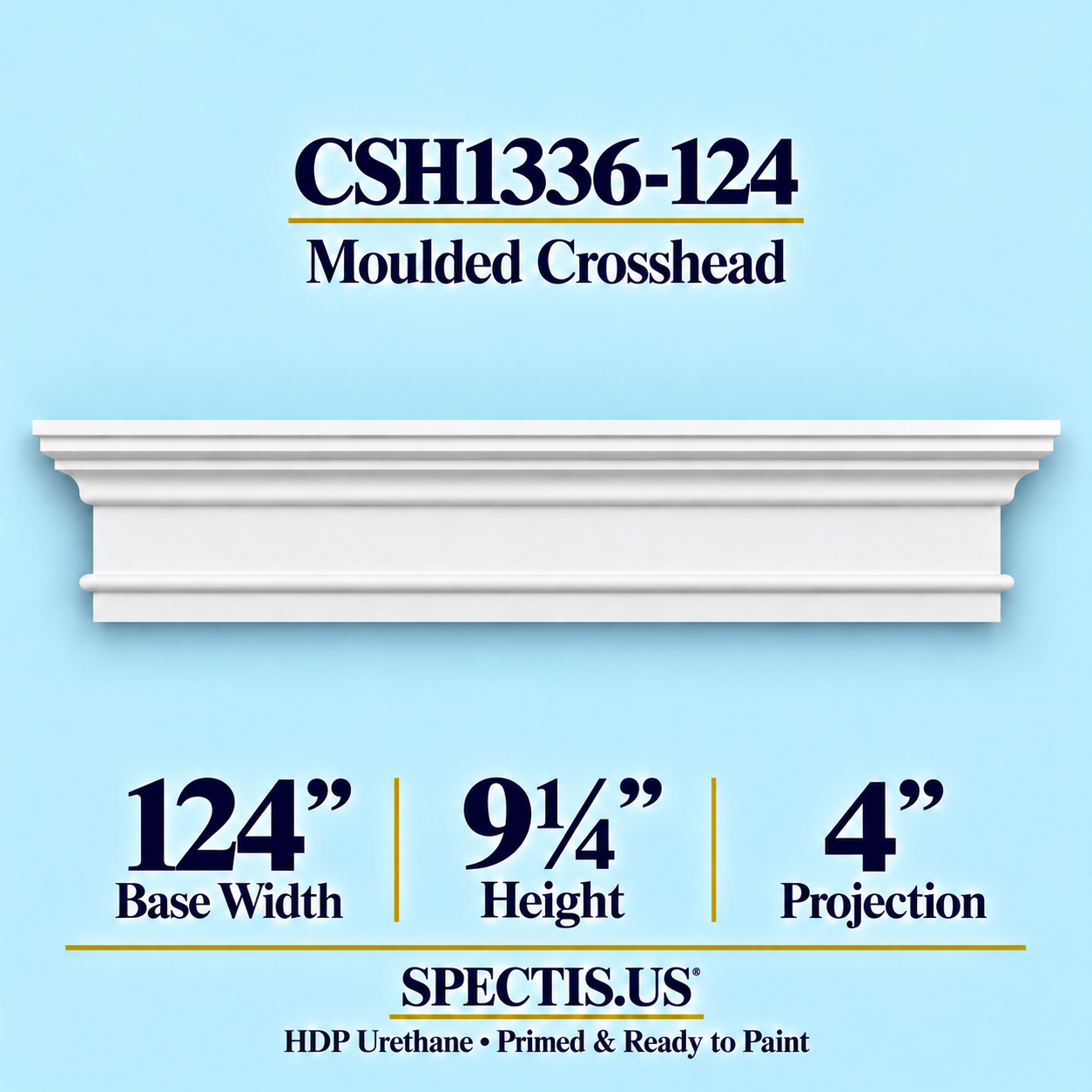 CSH1336-124 Moulded Window & Door Crosshead in primed HDP urethane, 124 inch base width × 9¼ inch height × 4 inch projection