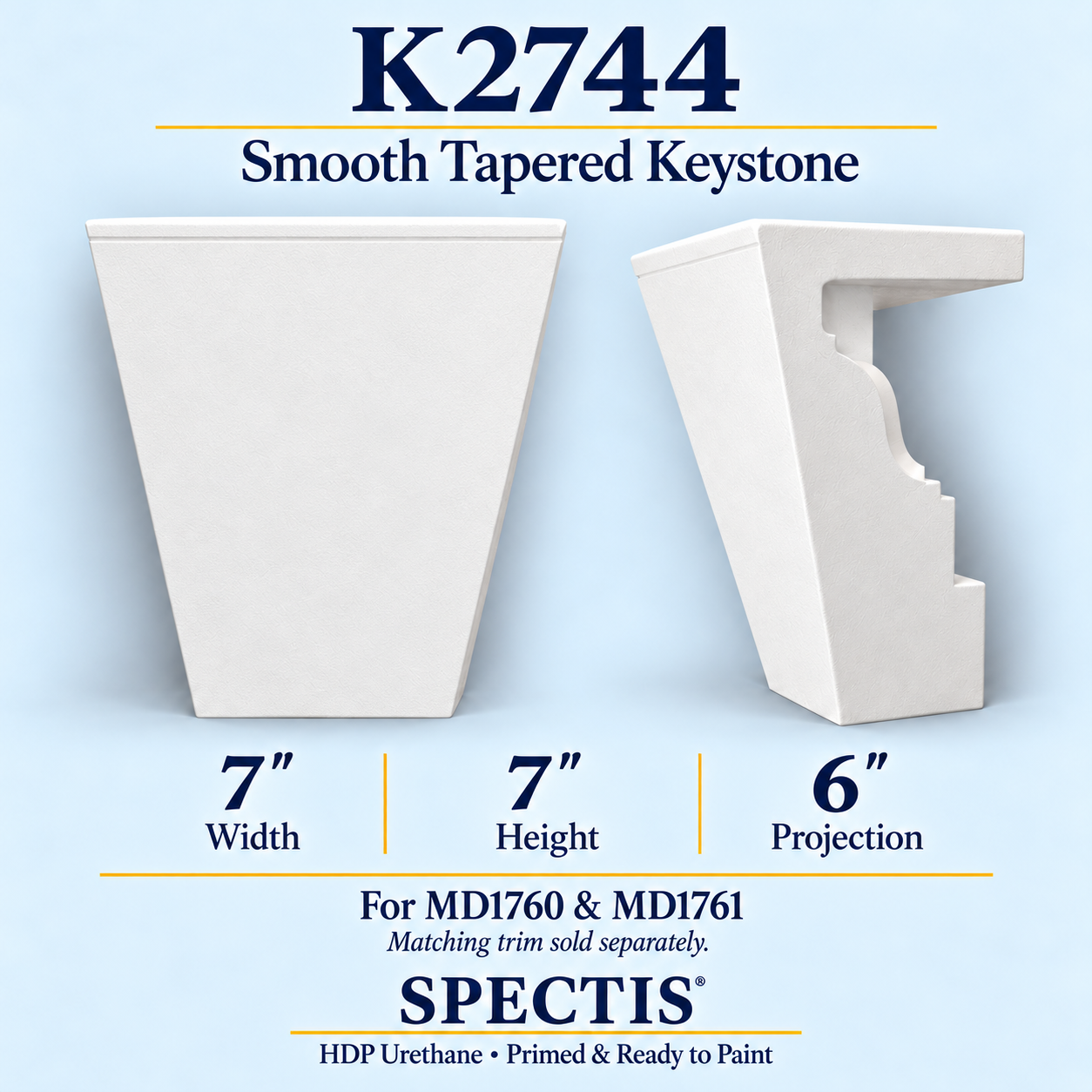 K2744 smooth tapered keystone, front and side profile, 7 inch width by 7 inch height