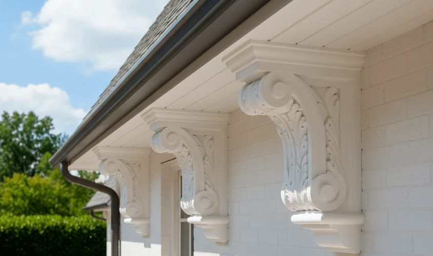 White corbels under an eave on a painted brick house