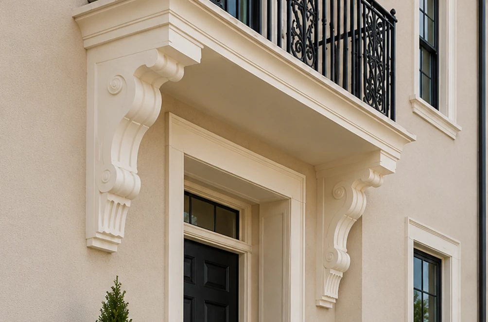 Cream corbels under a small balcony