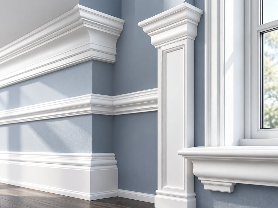 Spectis polyurethane crown, chair rail, base, and pilaster trim on an interior wall
