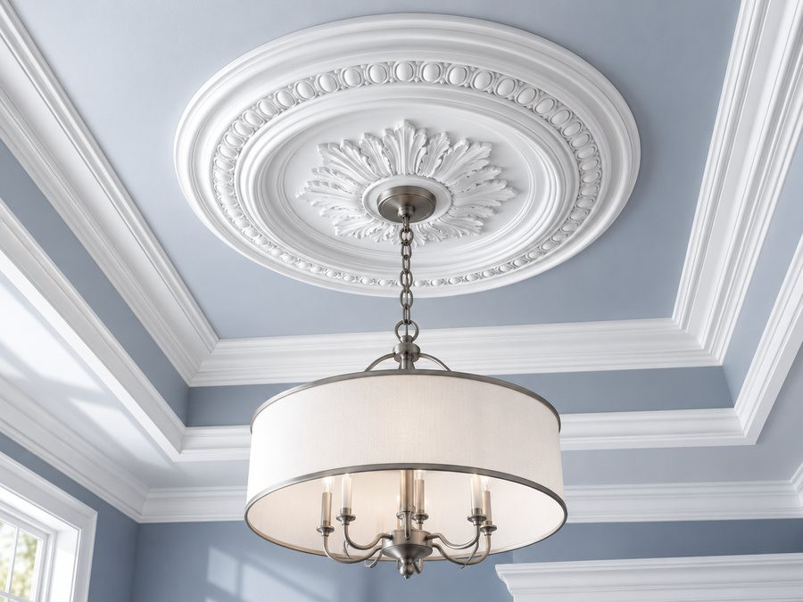 Spectis polyurethane ceiling medallion above a chandelier