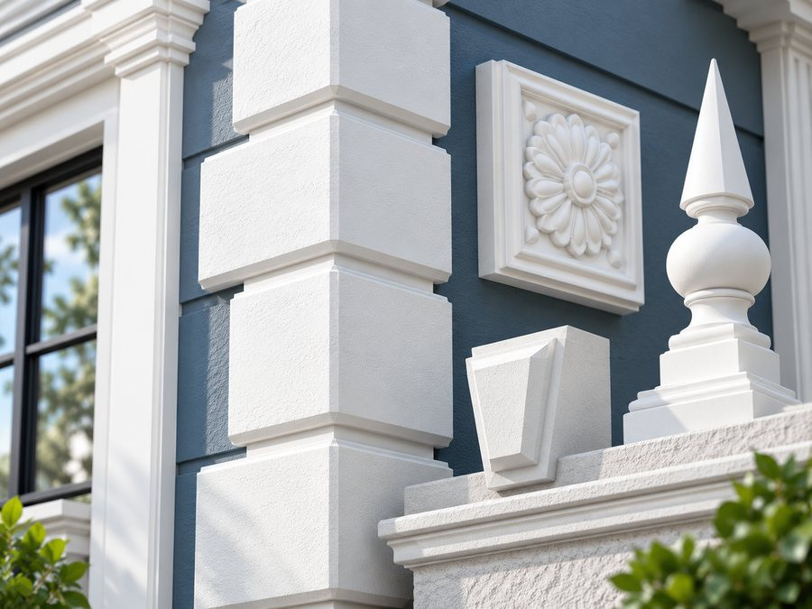 Spectis polyurethane quoins, rosette, keystone, and finial