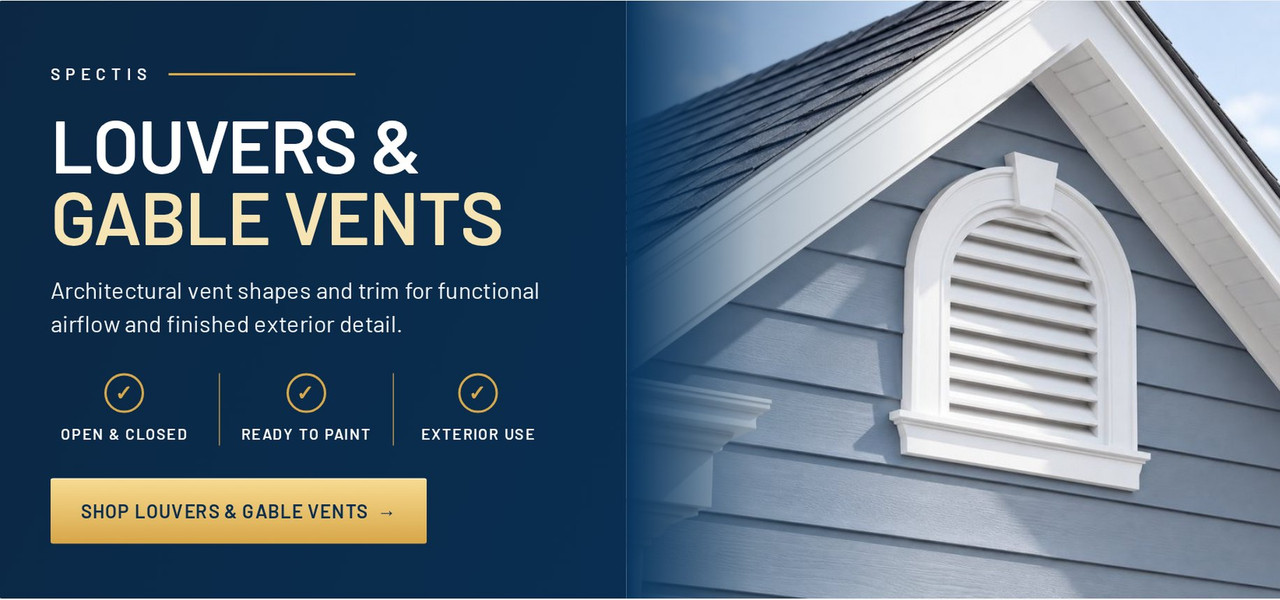 Spectis louvers and gable vents: arched polyurethane gable vent on a home exterior. Shop louvers and gable vents.