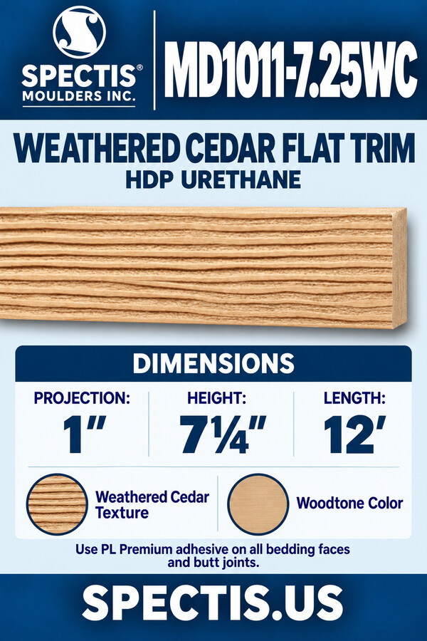 MD1011-7.25WC Weathered Cedar Flat Trim — HDP Urethane — 1″ P × 7¼″ H × 12′ L