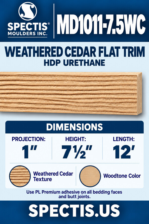 MD1011-7.5WC Weathered Cedar Flat Trim — HDP Urethane — 1″ P × 7½″ H × 12′ L