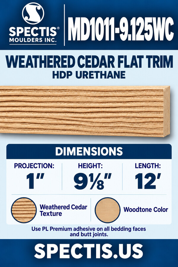 MD1011-9.125WC Weathered Cedar Flat Trim — HDP Urethane — 1″ P × 9⅛″ H × 12′ L