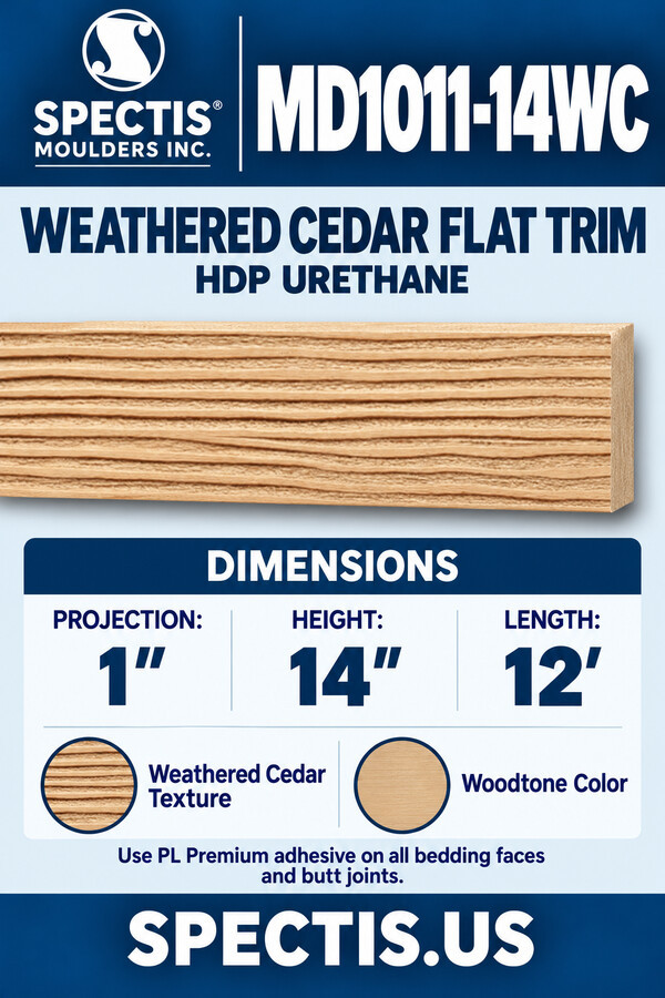 MD1011-14WC Weathered Cedar Flat Trim — HDP Urethane — 1″ P × 14″ H × 12′ L