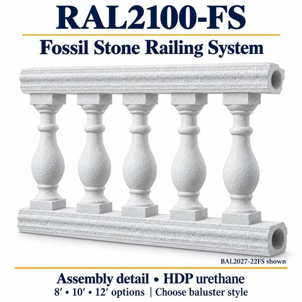 RAL2100-FS Fossil Stone Railing System — Top Rail, Bottom Rail & Balusters — shortened assembly detail