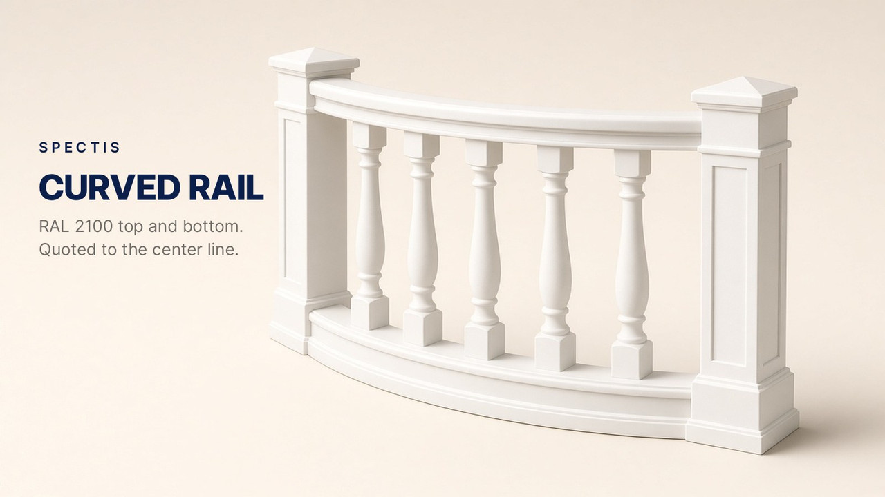 Curved rail, RAL 2100 top and bottom, quoted to the center line.