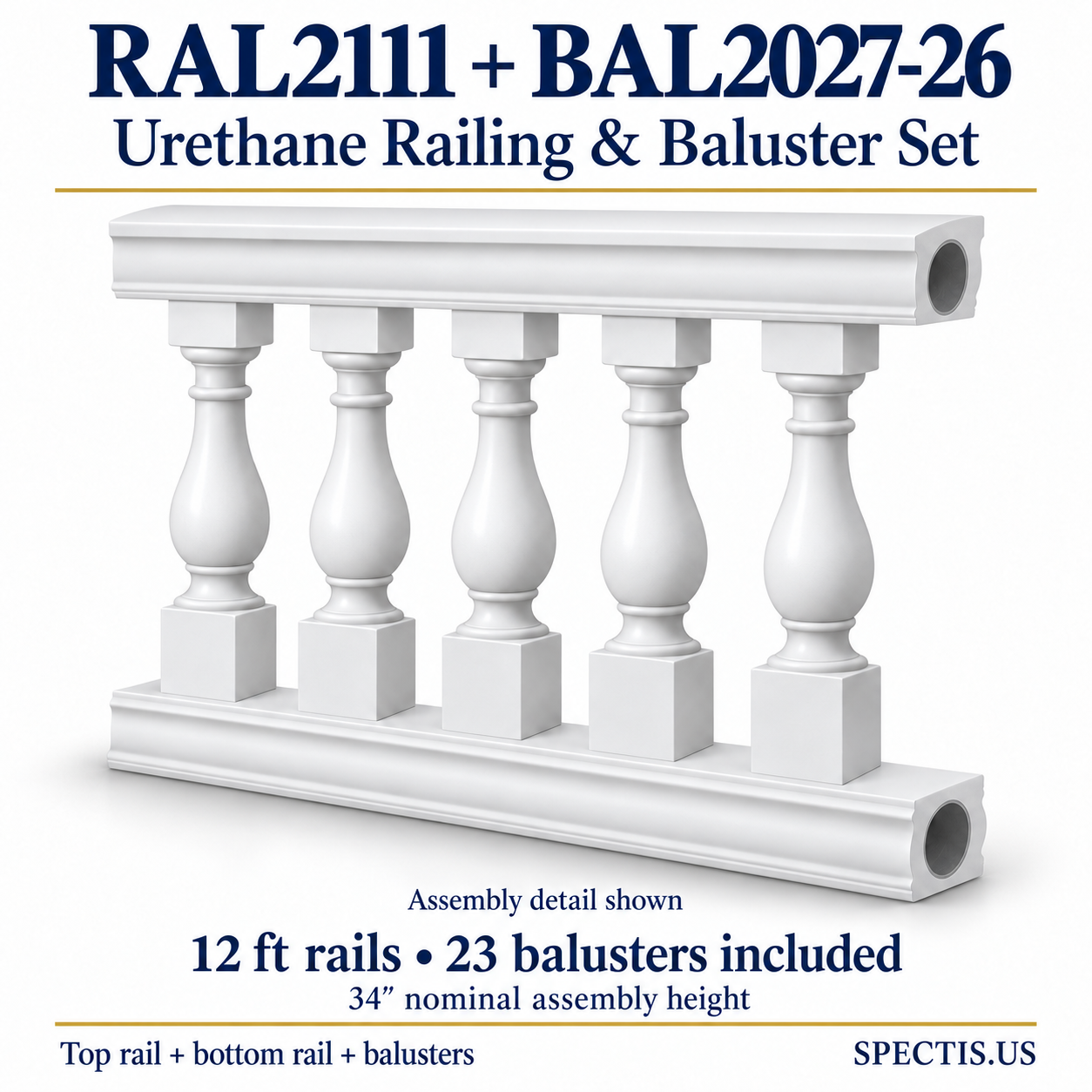 RAL2111 urethane railing system with BAL2027-26 balusters, assembled detail of the top rail, bottom rail and square-ended balusters