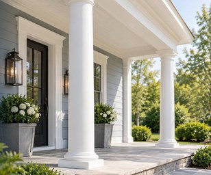 White round porch columns supporting a covered front porch
