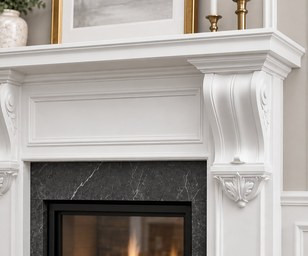 White scrolled corbel bracket under a porch eave