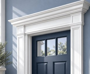 White pediment and pilaster entrance surround framing a black front door