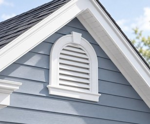 Round white gable louver vent in a gray-sided gable