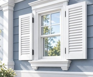 Black louvered decorative shutters flanking a double-hung window on light gray siding