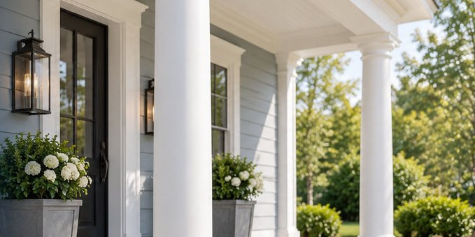 White polyurethane columns on a classic front porch
