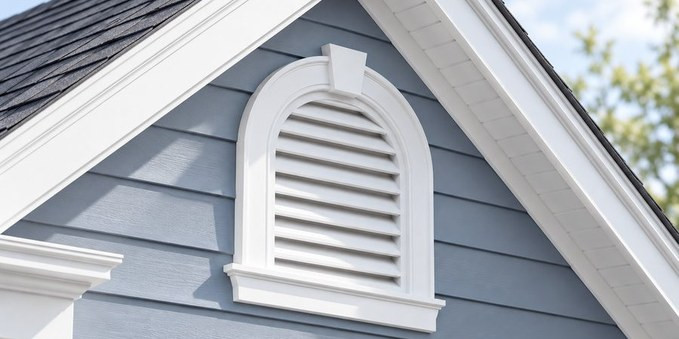 White polyurethane gable louver vent on blue-gray siding