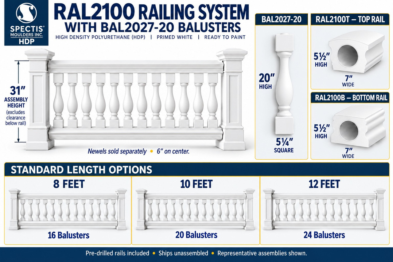 Representative RAL2100 assembly with BAL2027-20 balusters; newel posts sold separately