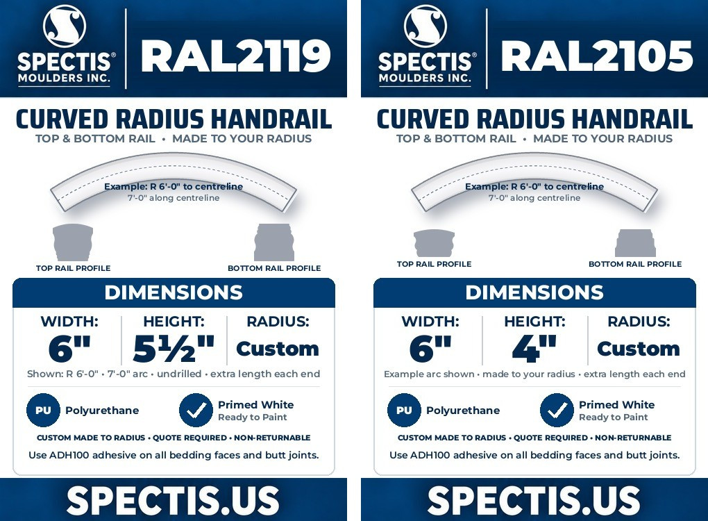 Spectis curved radius handrail graphics: RAL2119 6 inch by 5 1/2 inch and RAL2105 6 inch by 4 inch, top and bottom rail profiles, made to your radius