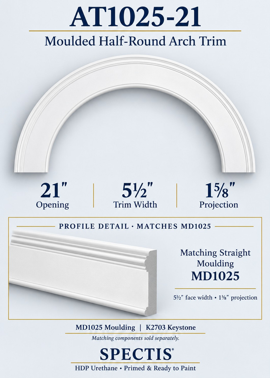 AT1025-21 moulded half-round urethane arch trim with matching MD1025 trim and K2703 keystone information