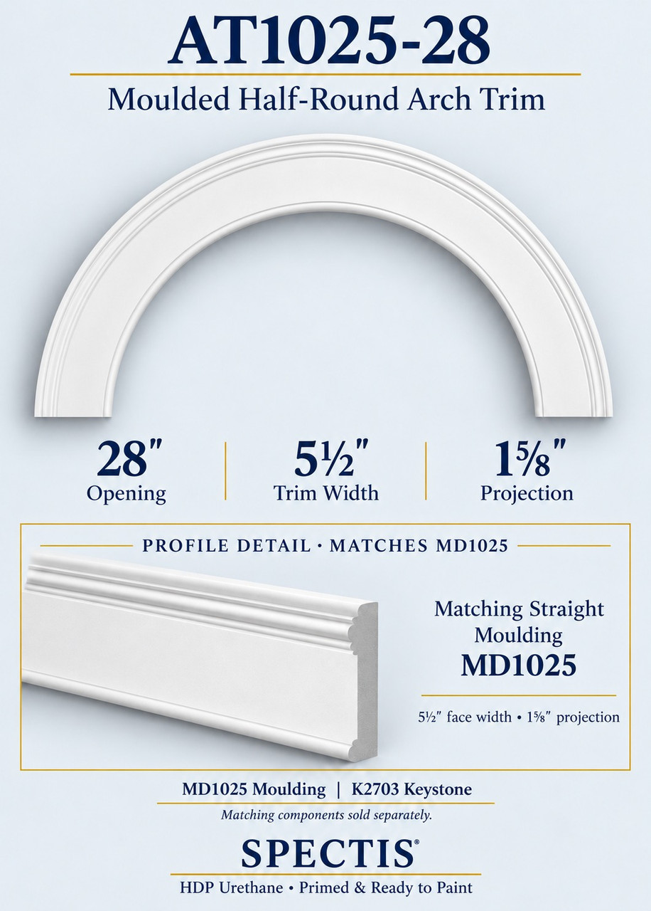 AT1025-28 moulded half-round urethane arch trim with matching MD1025 trim and K2703 keystone information