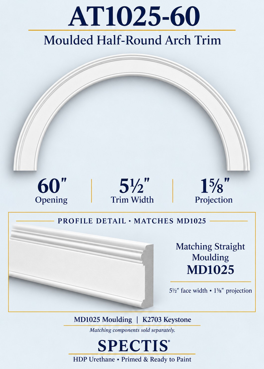 AT1025-60 moulded half-round urethane arch trim with matching MD1025 trim and K2703 keystone information