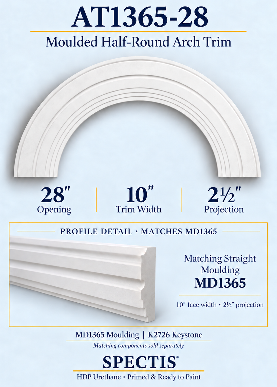 AT1365-28 moulded half-round HDP urethane arch trim with matching MD1365 moulding profile