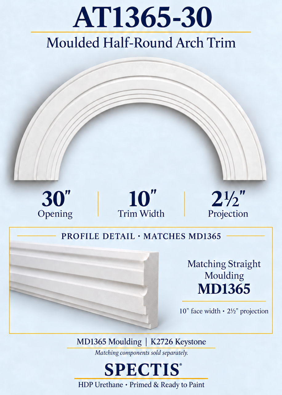 AT1365-30 moulded half-round HDP urethane arch trim with matching MD1365 moulding profile